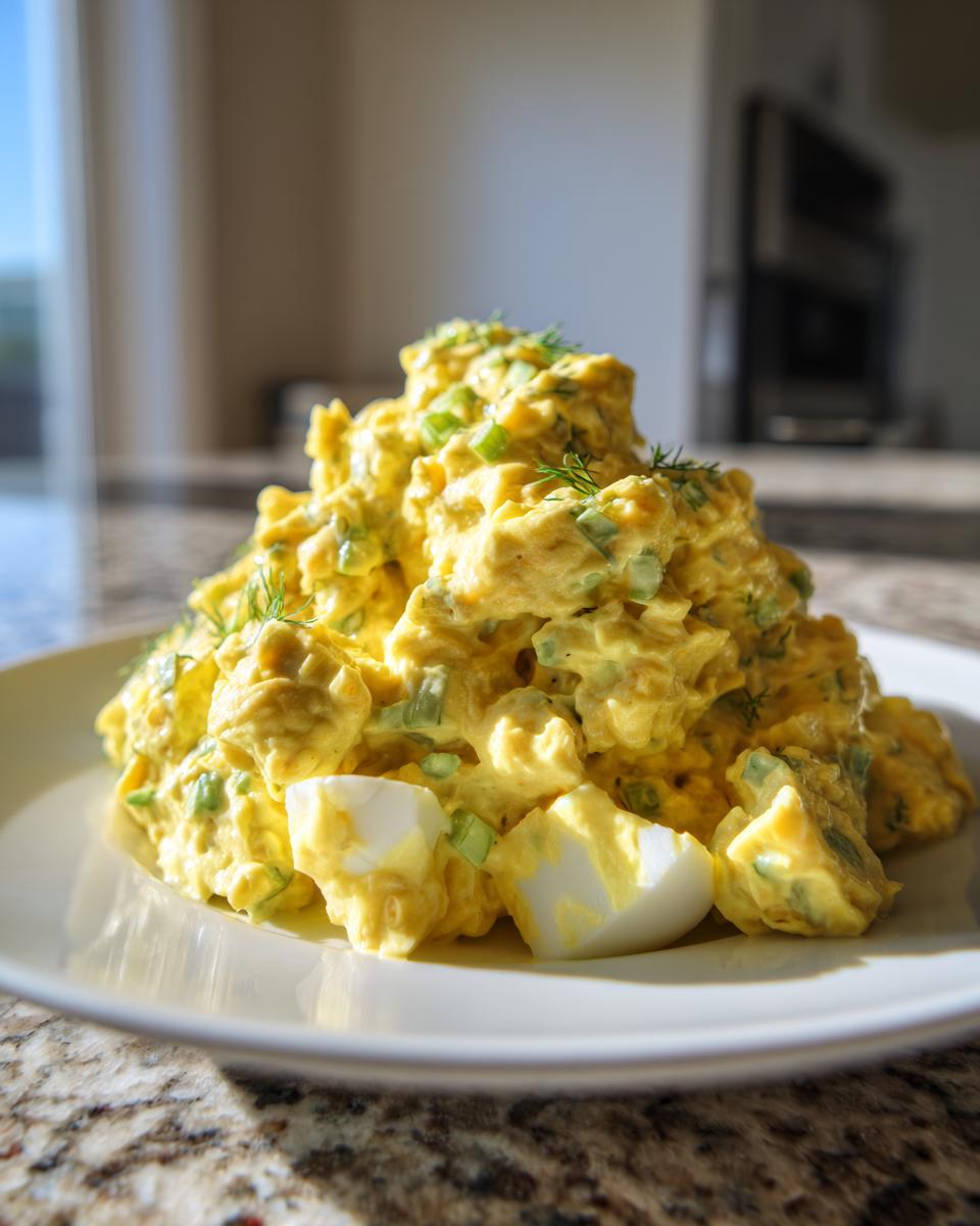 A generous mound of bright yellow, creamy egg salad recipe garnished with green onions and dill, served on a white plate.