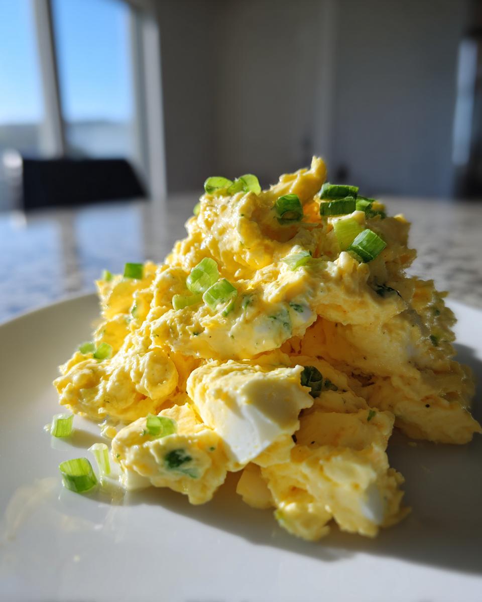 A mound of creamy, yellow egg salad recipe topped with fresh chopped green onions on a white plate.