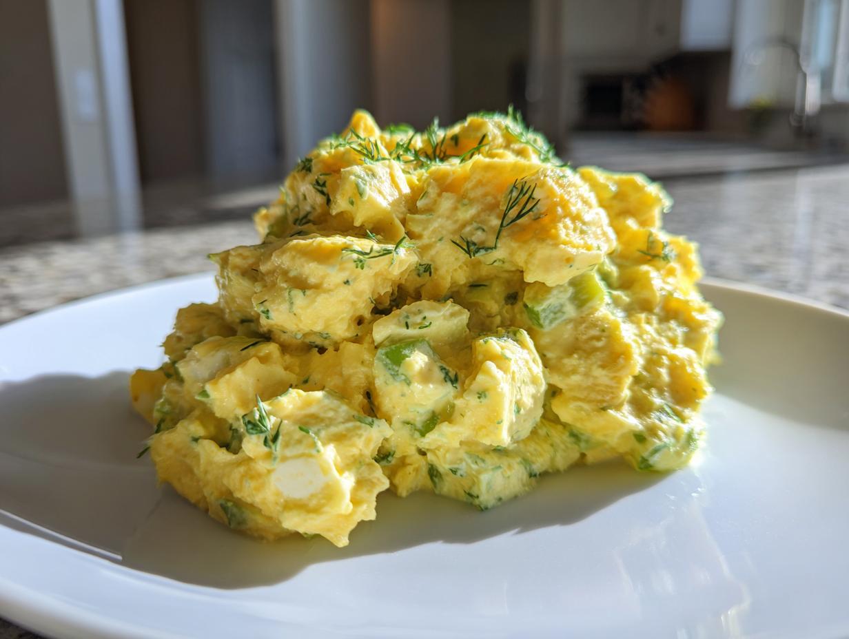 A close-up of a mound of creamy, yellow amazing egg salad recipe garnished with fresh dill.