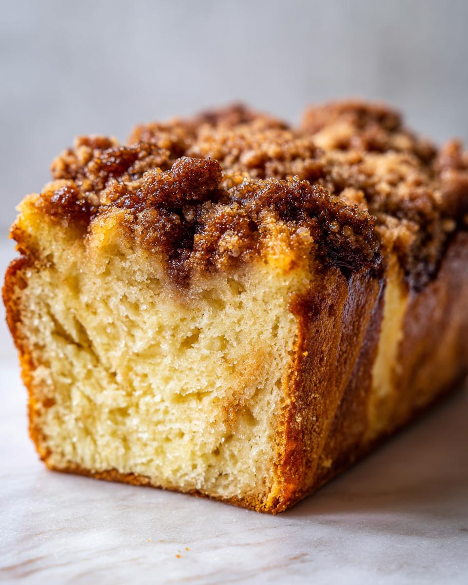 A close-up of a baked french toast casserole loaf showing its fluffy interior and thick, brown sugar streusel topping.