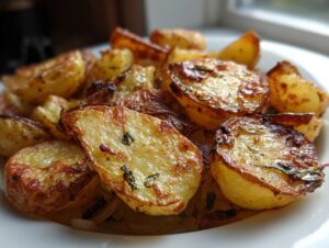 Close-up of golden brown, crispy fried potatoes seasoned with herbs served on a white plate.