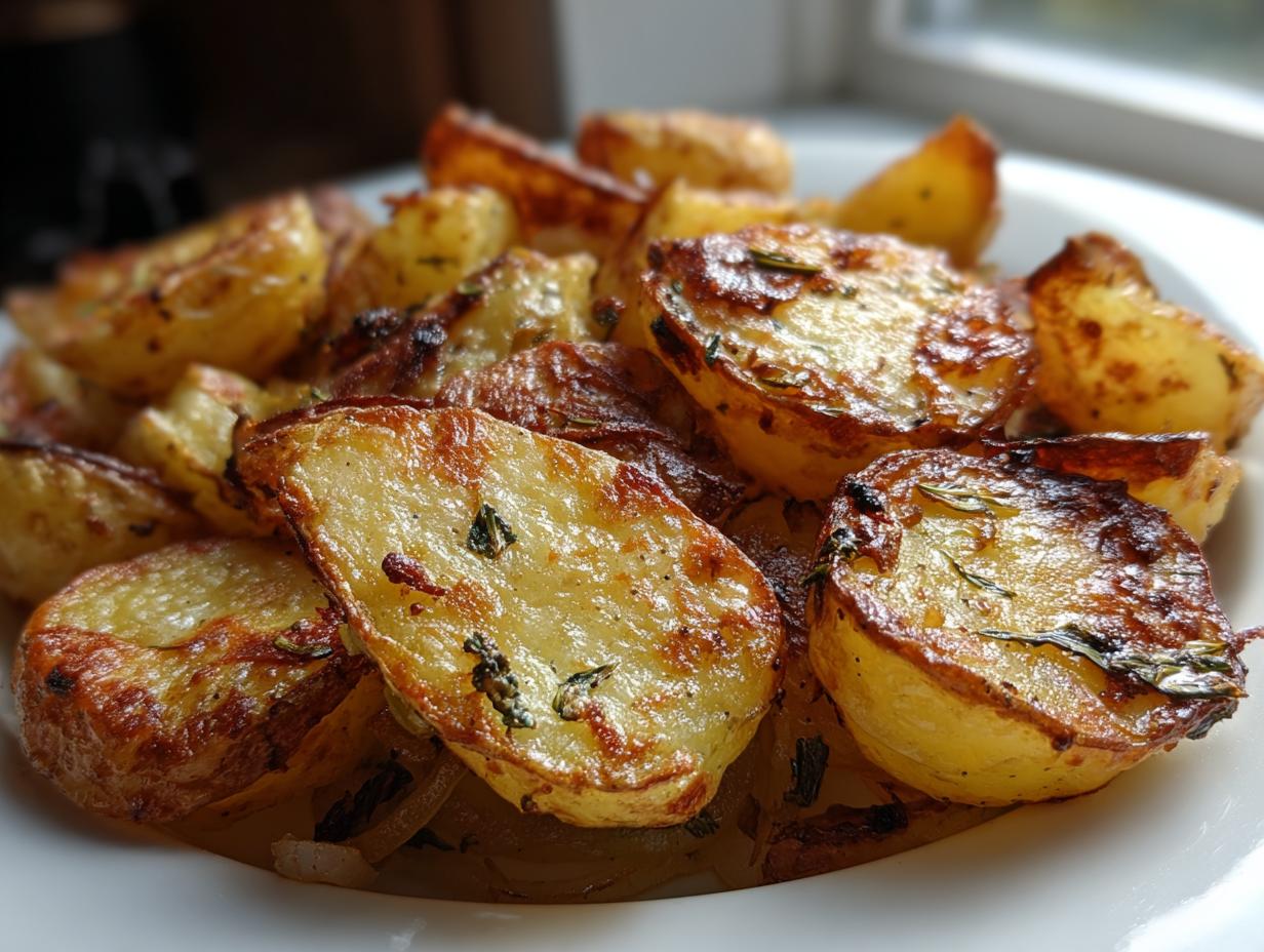Close-up of golden brown, crispy fried potatoes seasoned with herbs served on a white plate.