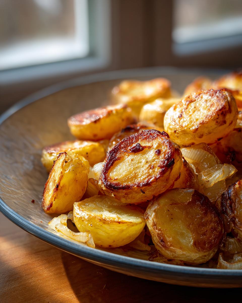 Close-up of golden brown, crispy fried potatoes mixed with soft caramelized onions served in a bowl.