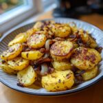 A close-up of golden brown, perfectly seasoned fried potatoes mixed with caramelized onions served on a patterned plate.
