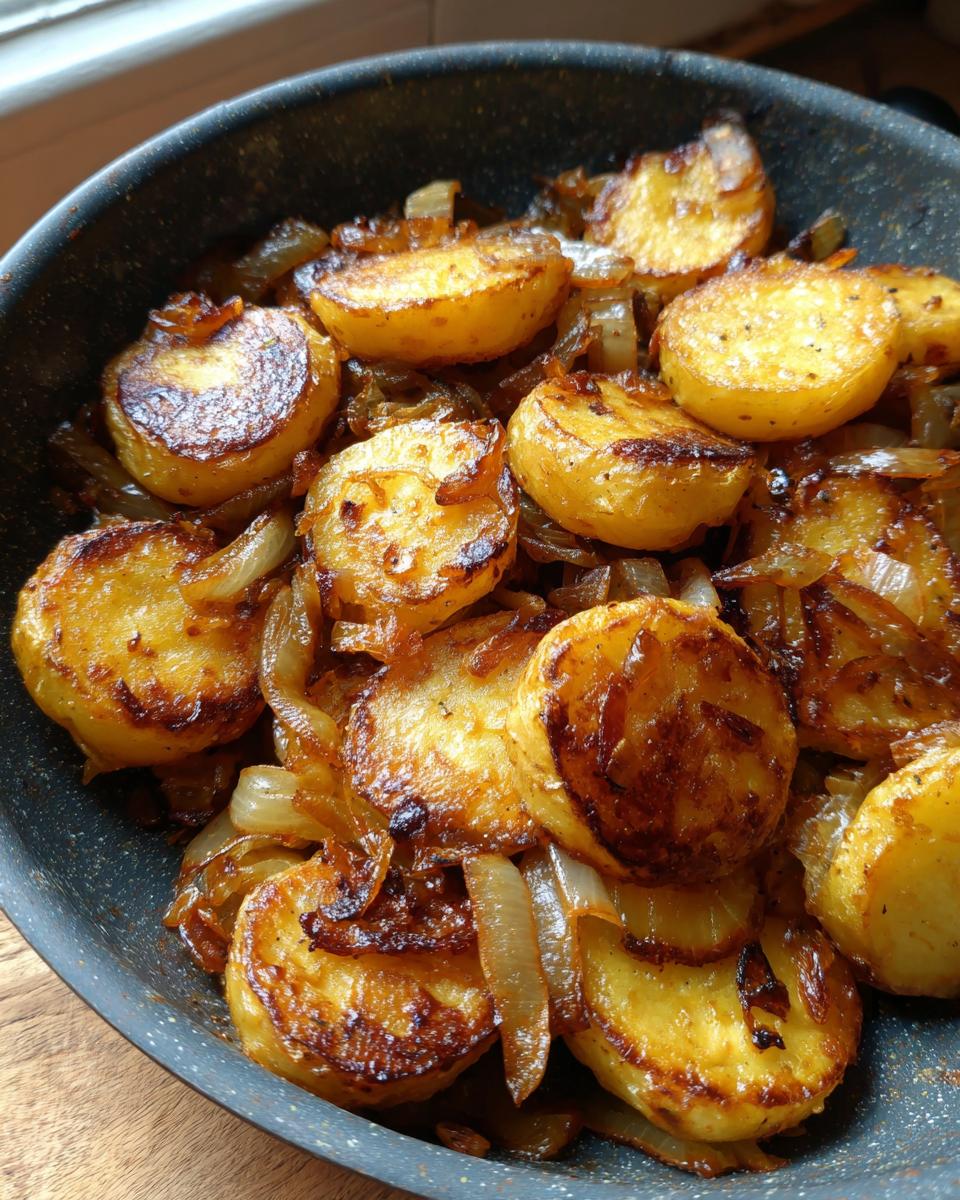 Close-up of golden brown, perfectly seared fried potatoes mixed with caramelized onions in a dark skillet.
