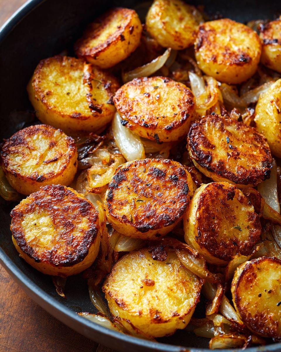 Close-up of golden brown, perfectly seared fried potatoes mixed with soft, caramelized onions in a dark skillet.