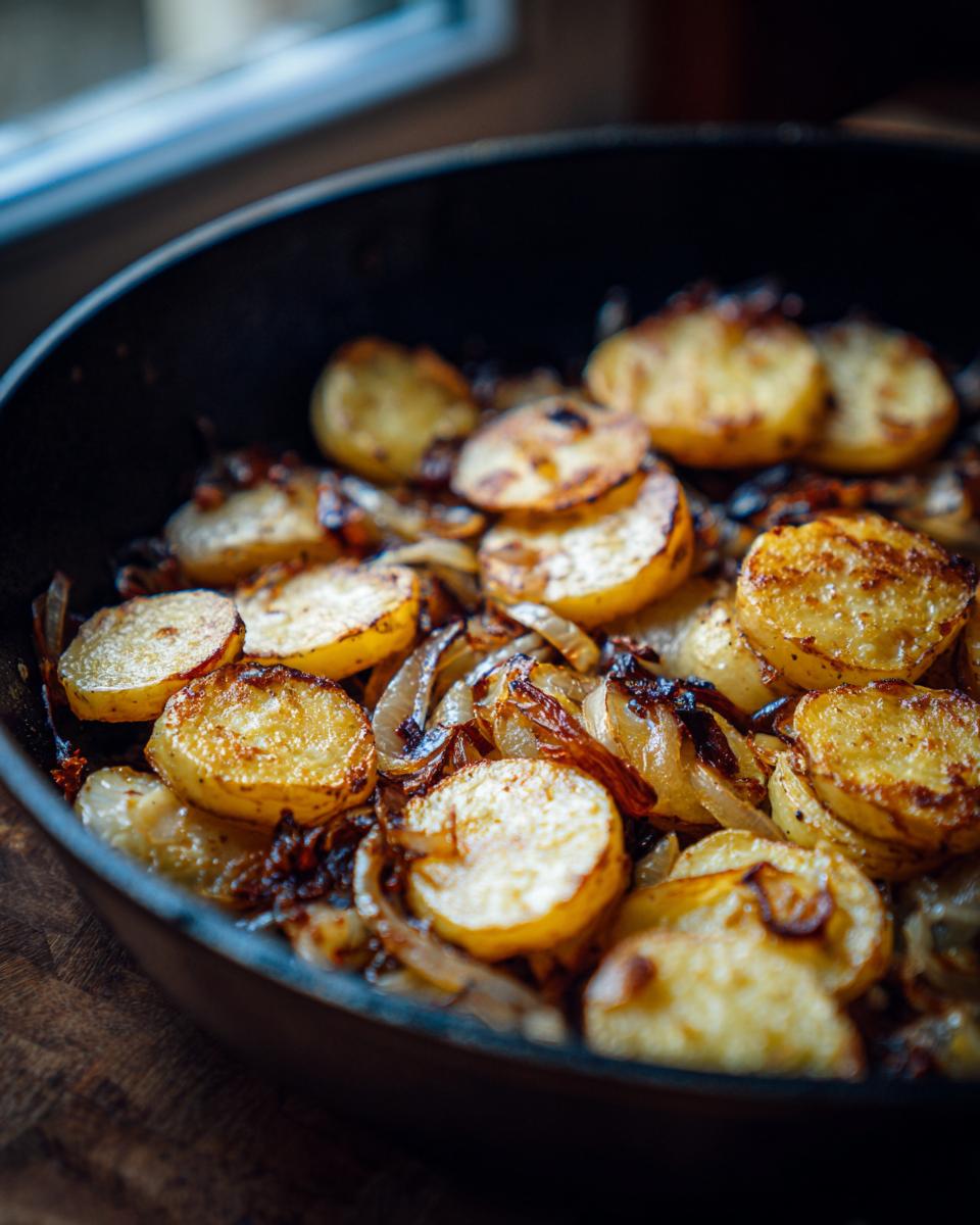 Close-up of golden brown fried potatoes and caramelized onions sizzling in a dark cast-iron skillet.