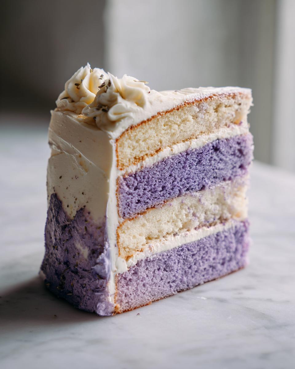 A close-up of a perfect slice of amazing lavender cake featuring alternating white and purple layers.