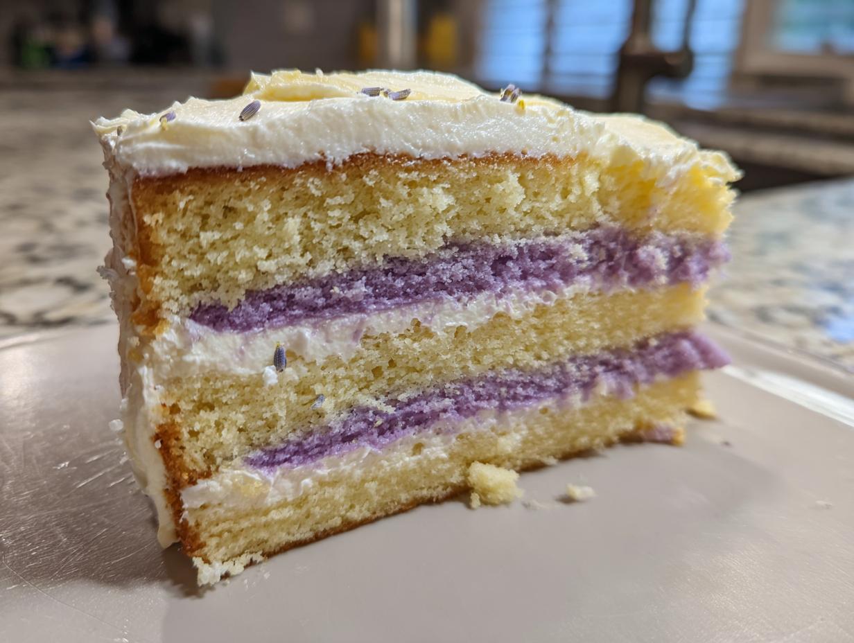 Close-up of a slice of amazing lavender cake with three layers of yellow sponge, purple filling, and white frosting.