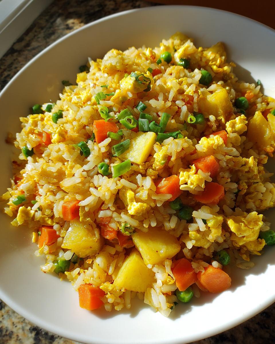 A close-up overhead view of bright, colorful pineapple fried rice mixed with scrambled egg, carrots, peas, and topped with green onions.