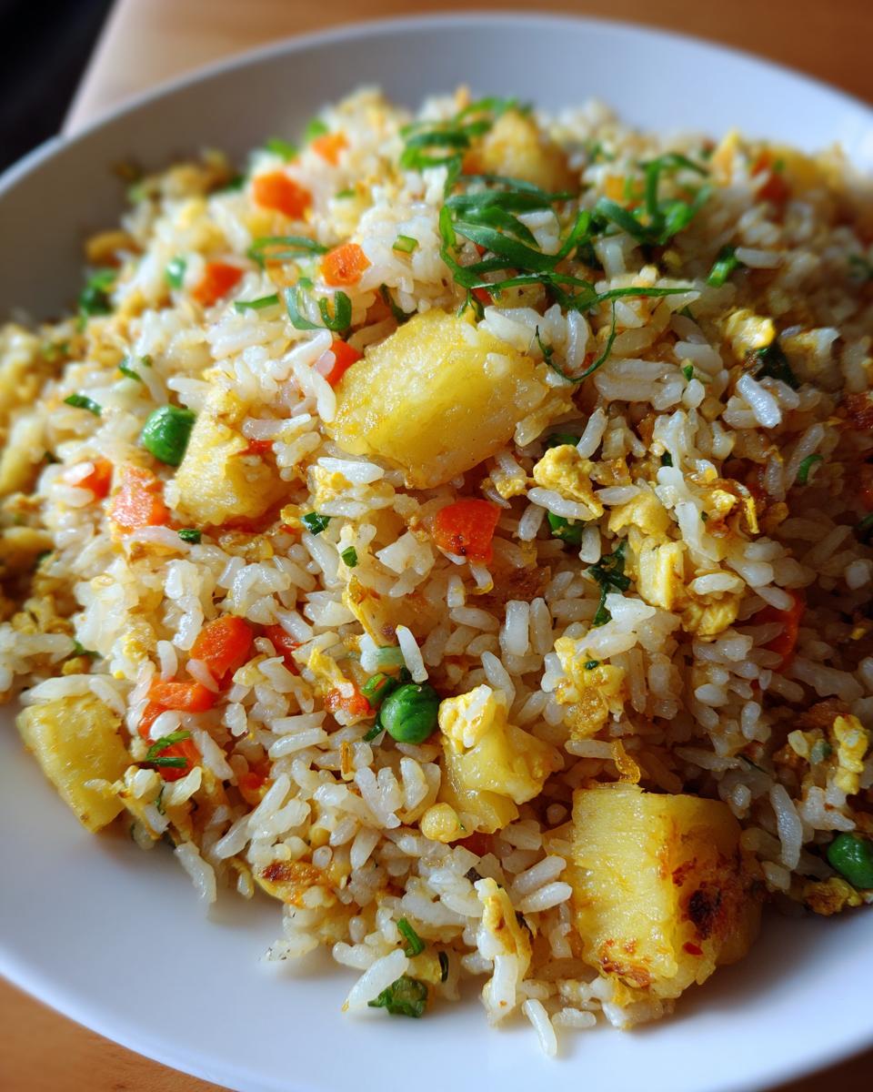 Close-up of a serving of amazing pineapple fried rice featuring rice, chunks of pineapple, scrambled egg, peas, and carrots, topped with green onions.