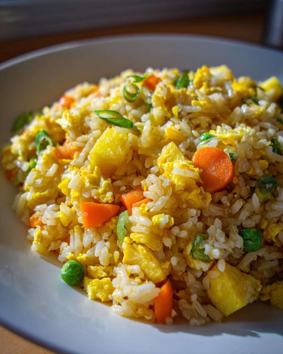 A close-up of bright, fluffy pineapple fried rice mixed with scrambled egg, carrots, peas, and green onions.