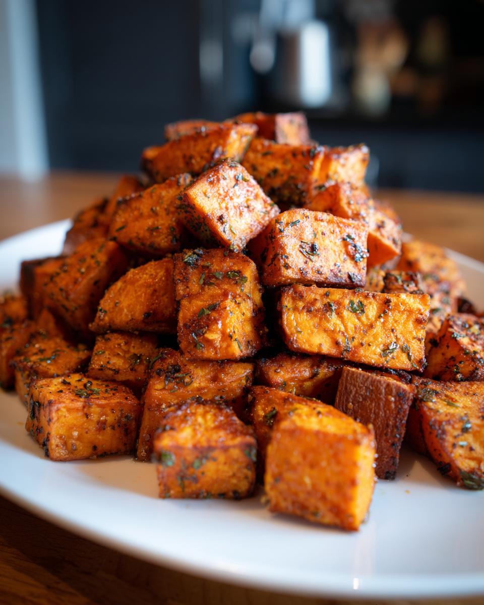 A mound of perfectly seasoned and caramelized roasted sweet potatoes cubes piled high on a white plate.