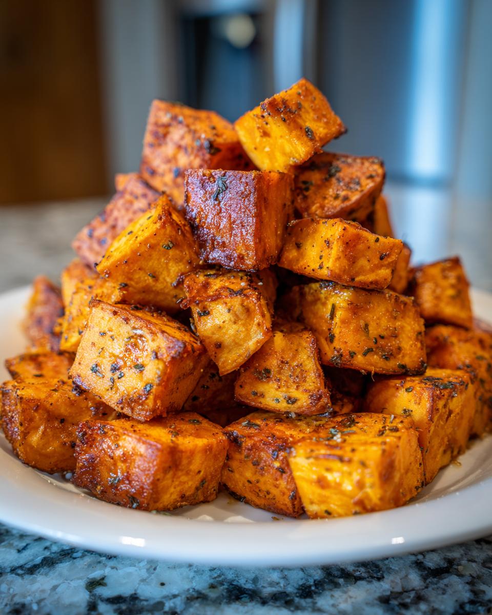 A close-up of a mound of perfectly seasoned and caramelized roasted sweet potatoes cubes on a white plate.