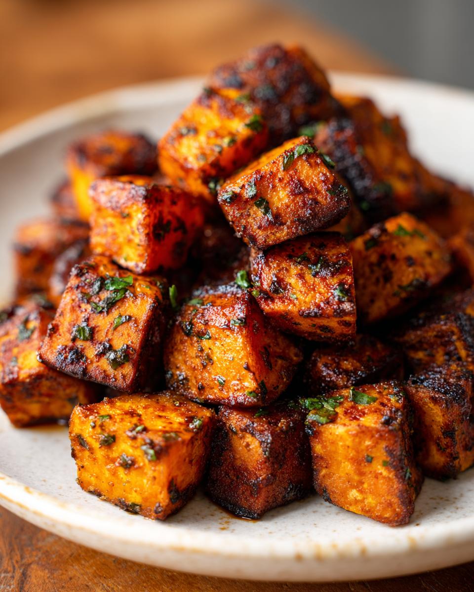 Close-up of perfectly seasoned and caramelized roasted sweet potatoes cubes garnished with fresh herbs.