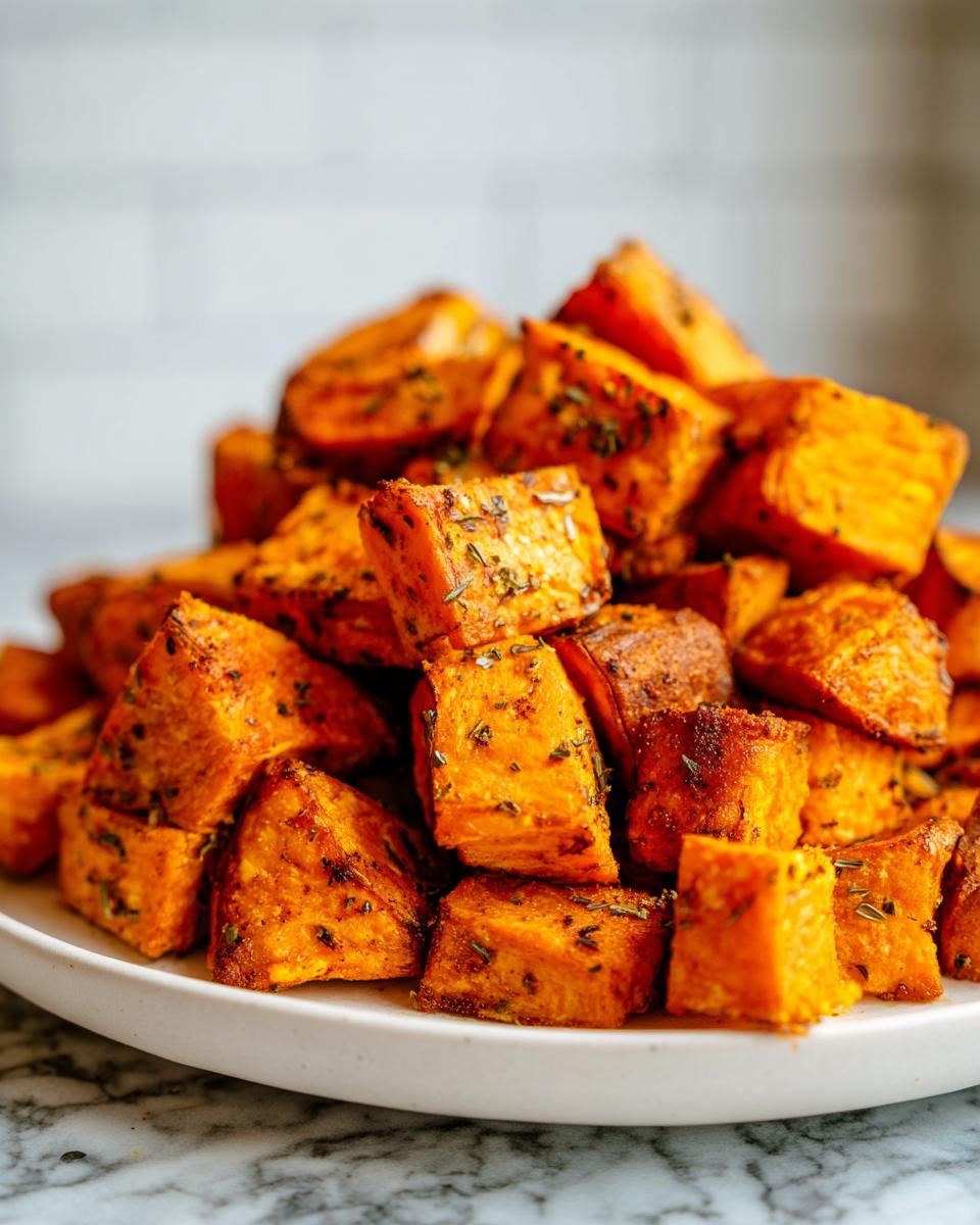 A close-up of a mound of perfectly seasoned roasted sweet potatoes cubes on a white plate.