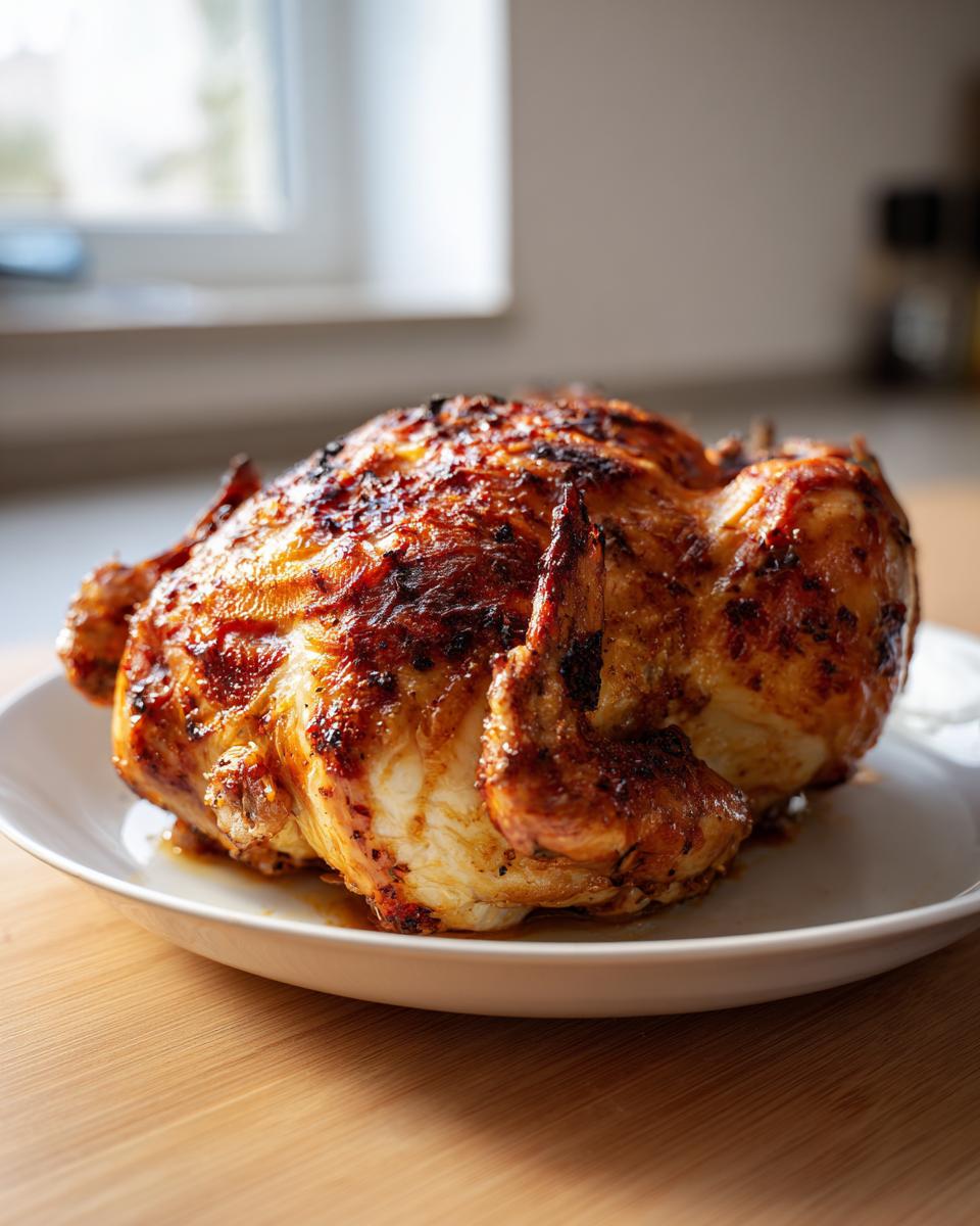 A beautifully roasted whole chicken with dark, crispy skin resting on a white platter.