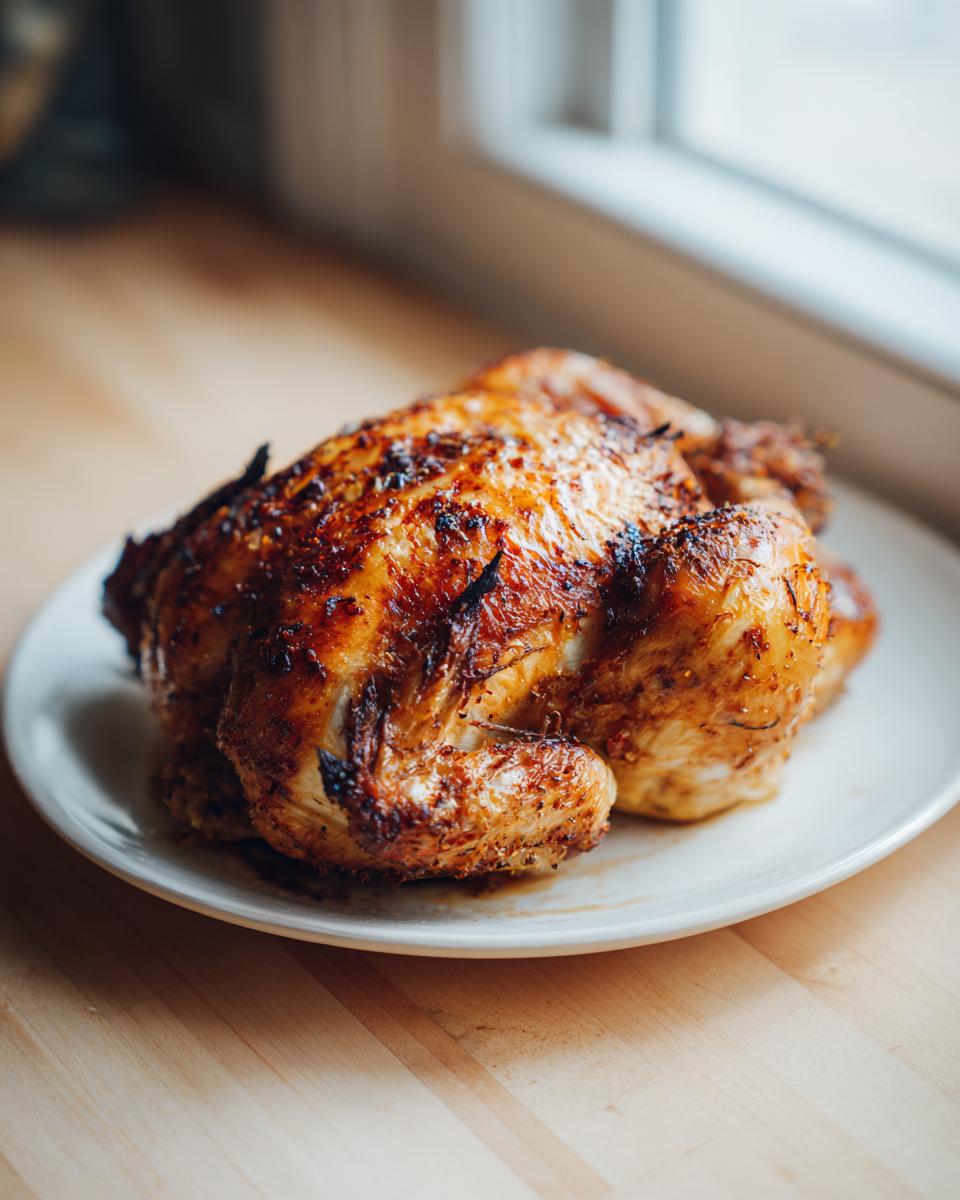 A beautifully roasted whole chicken with golden-brown, crispy skin resting on a white plate.