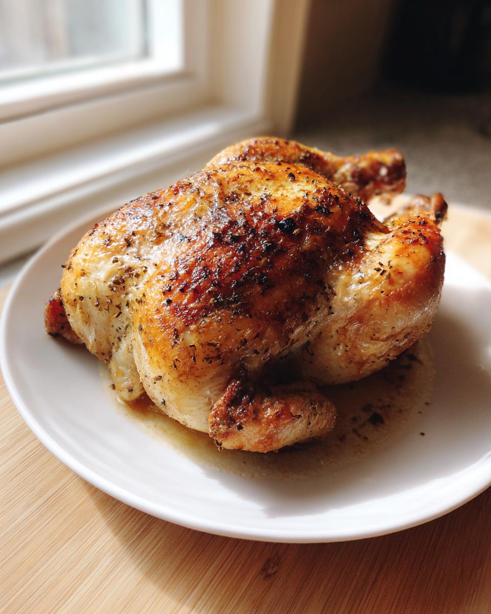 A beautifully roasted whole chicken with golden, seasoned, crispy skin resting on a white plate.