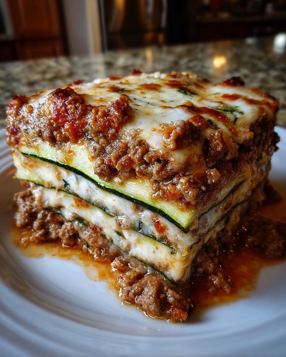 A tall, firm slice of zucchini lasagna layered with meat sauce and melted cheese on a white plate.