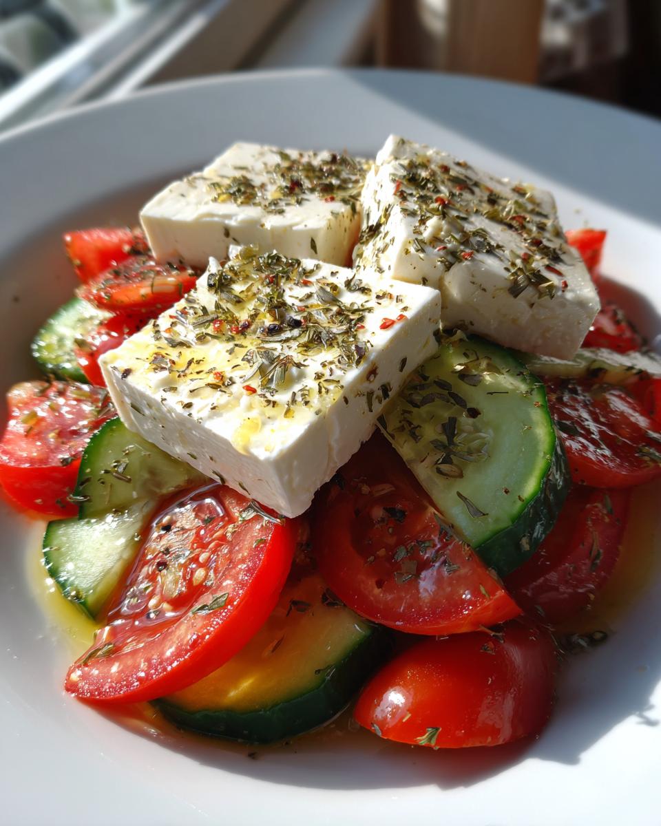 Close-up of a vibrant greek salad featuring thick slices of feta cheese topped with oregano, sitting on a bed of sliced tomatoes and cucumbers.