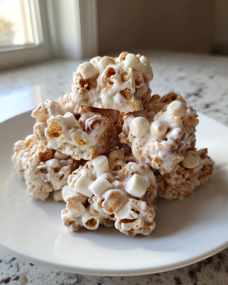 A small stack of homemade avalanche cookies covered in white chocolate and mini marshmallows on a white plate.