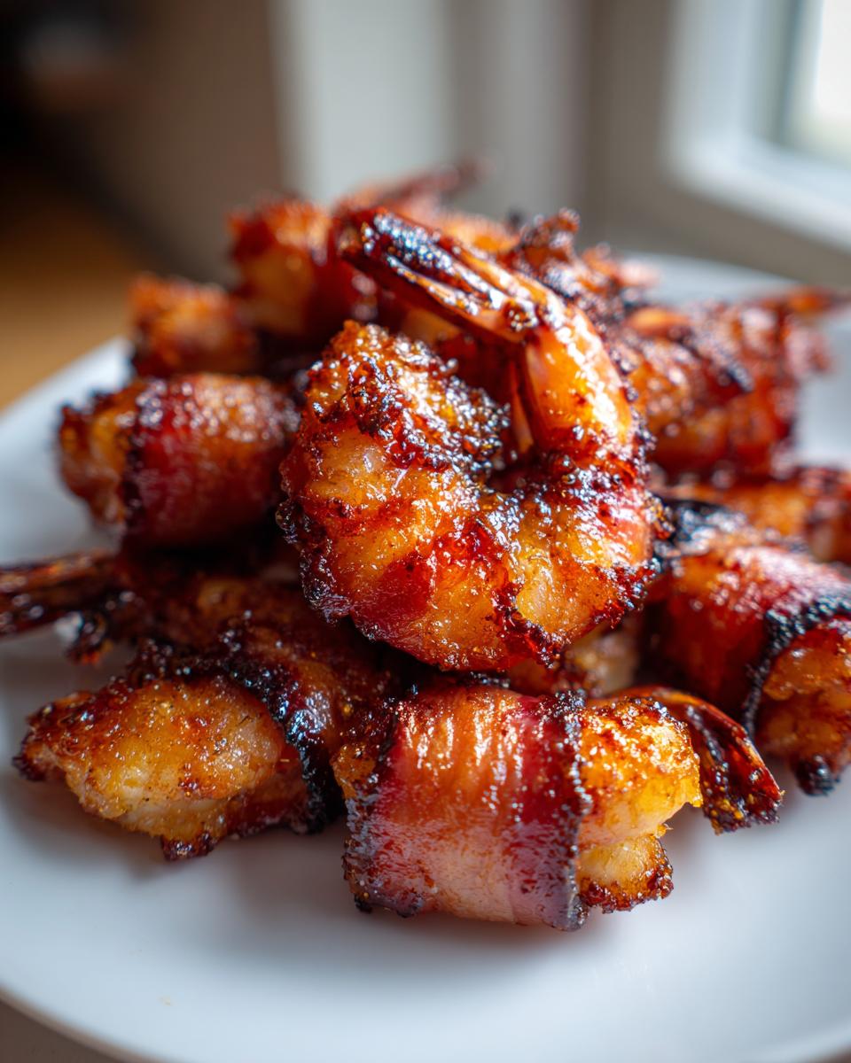 A close-up of a pile of perfectly cooked, glazed bacon wrapped shrimp on a white plate.