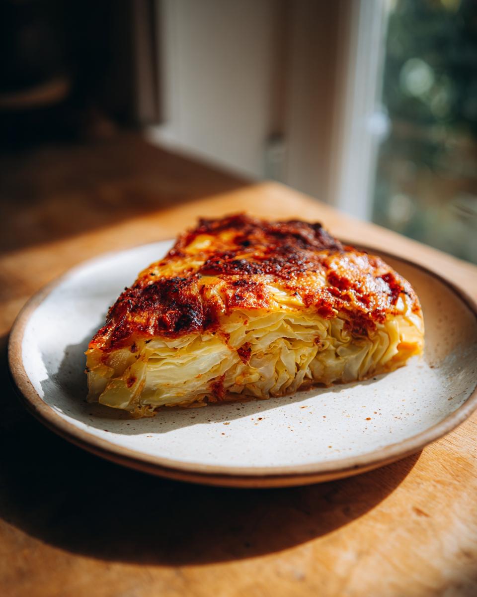A thick slice of baked cabbage recipe, showing layered, tender cabbage and a deeply browned, crispy top crust.