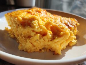 Close-up of a golden, baked slice of creamy cheese grits casserole on a white plate.