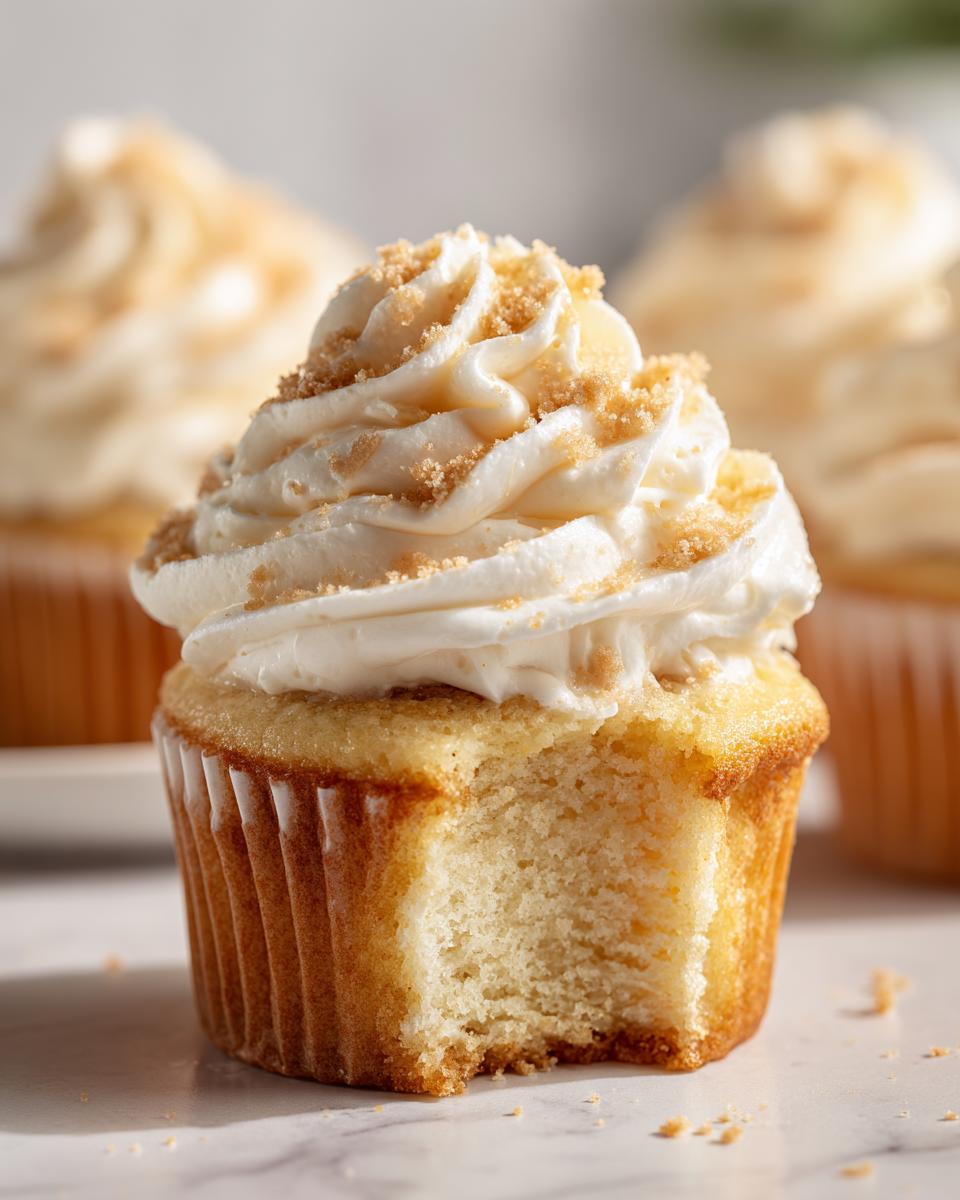 Close-up of a banana pudding cupcakes with a bite taken out, topped with swirled frosting and brown sugar crumbs.