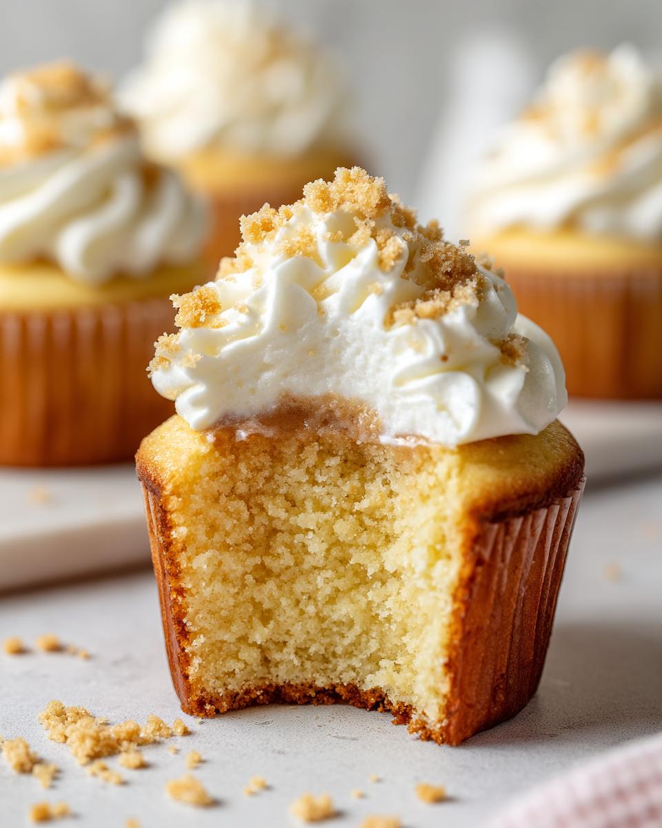 Close-up of a banana pudding cupcakes with a bite taken out, showing moist cake and whipped cream topping with cookie crumbs.