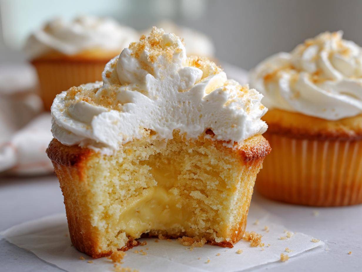 A close-up of a banana pudding cupcakes cut in half, showing the creamy filling, topped with whipped cream and cookie crumbs.