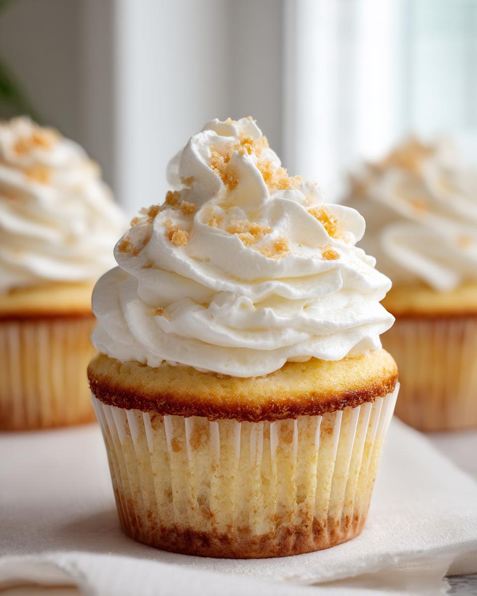 A close-up of a delicious banana pudding cupcakes topped with high swirls of white whipped cream and sprinkled with crumbs.