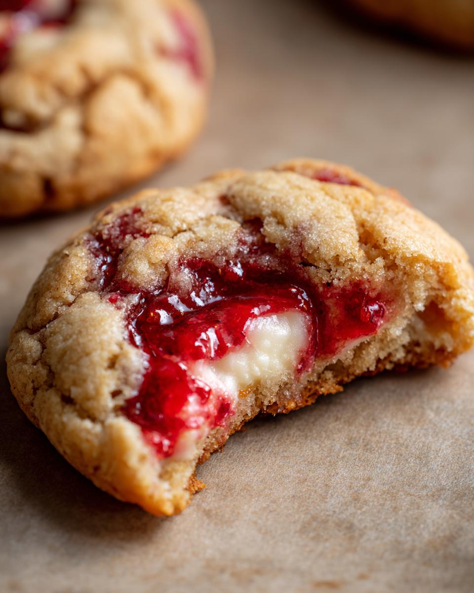 Close-up of a bitten raspberry cheesecake cookies revealing a gooey raspberry jam and creamy cheesecake center.