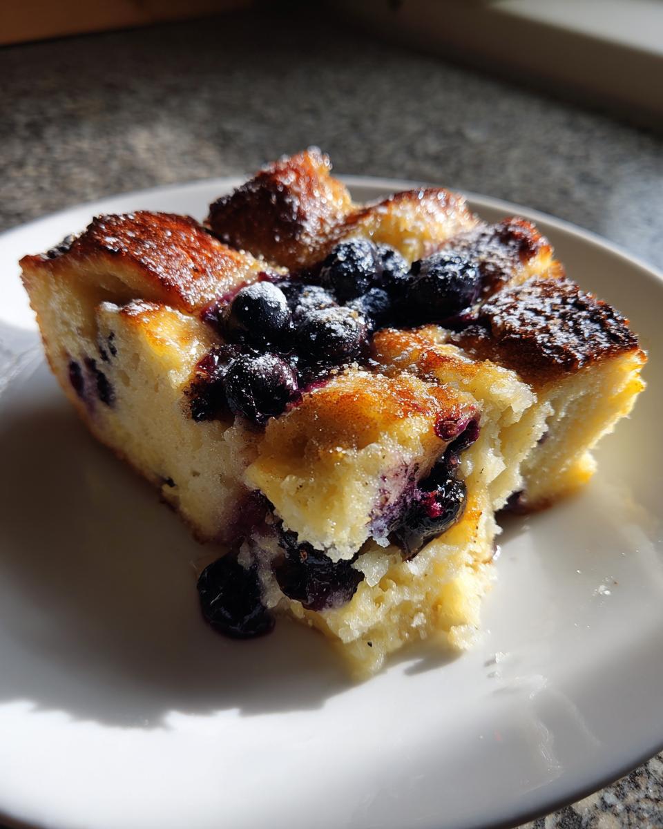 A close-up of a golden slice of Blueberry French Toast Casserole topped with fresh blueberries and powdered sugar.