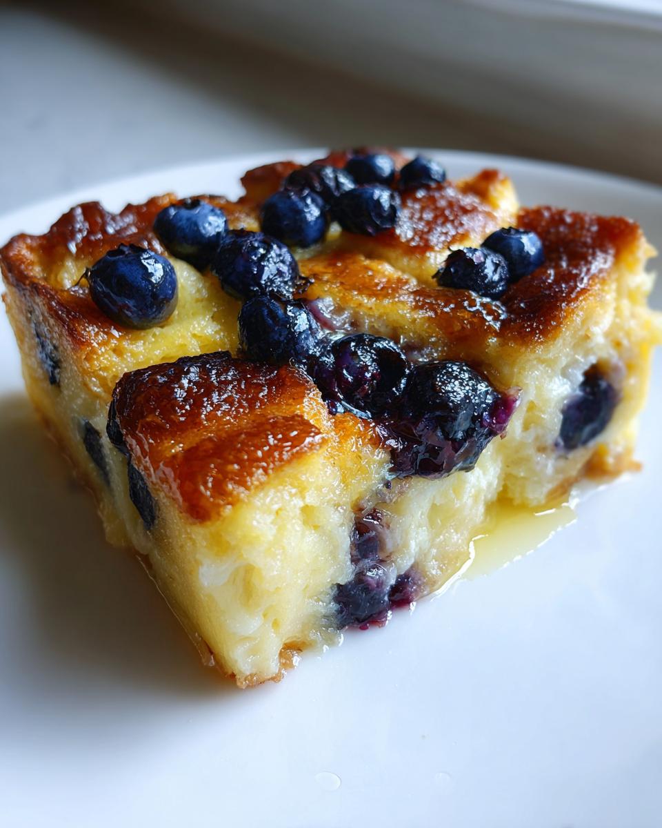 Close-up of a moist slice of Blueberry French Toast Casserole topped with fresh blueberries and syrup.