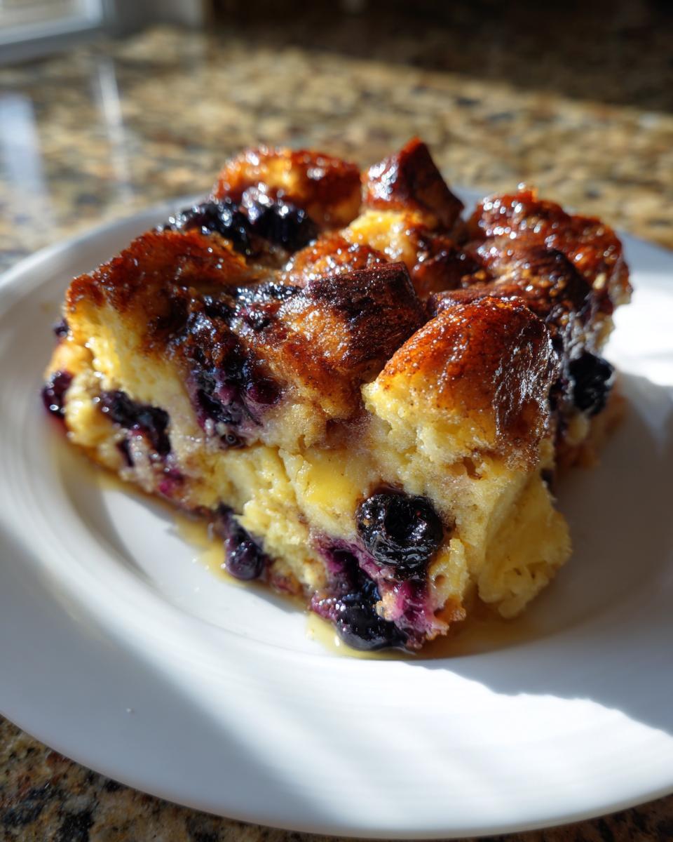 A close-up of a square serving of golden-brown Blueberry French Toast Casserole on a white plate.