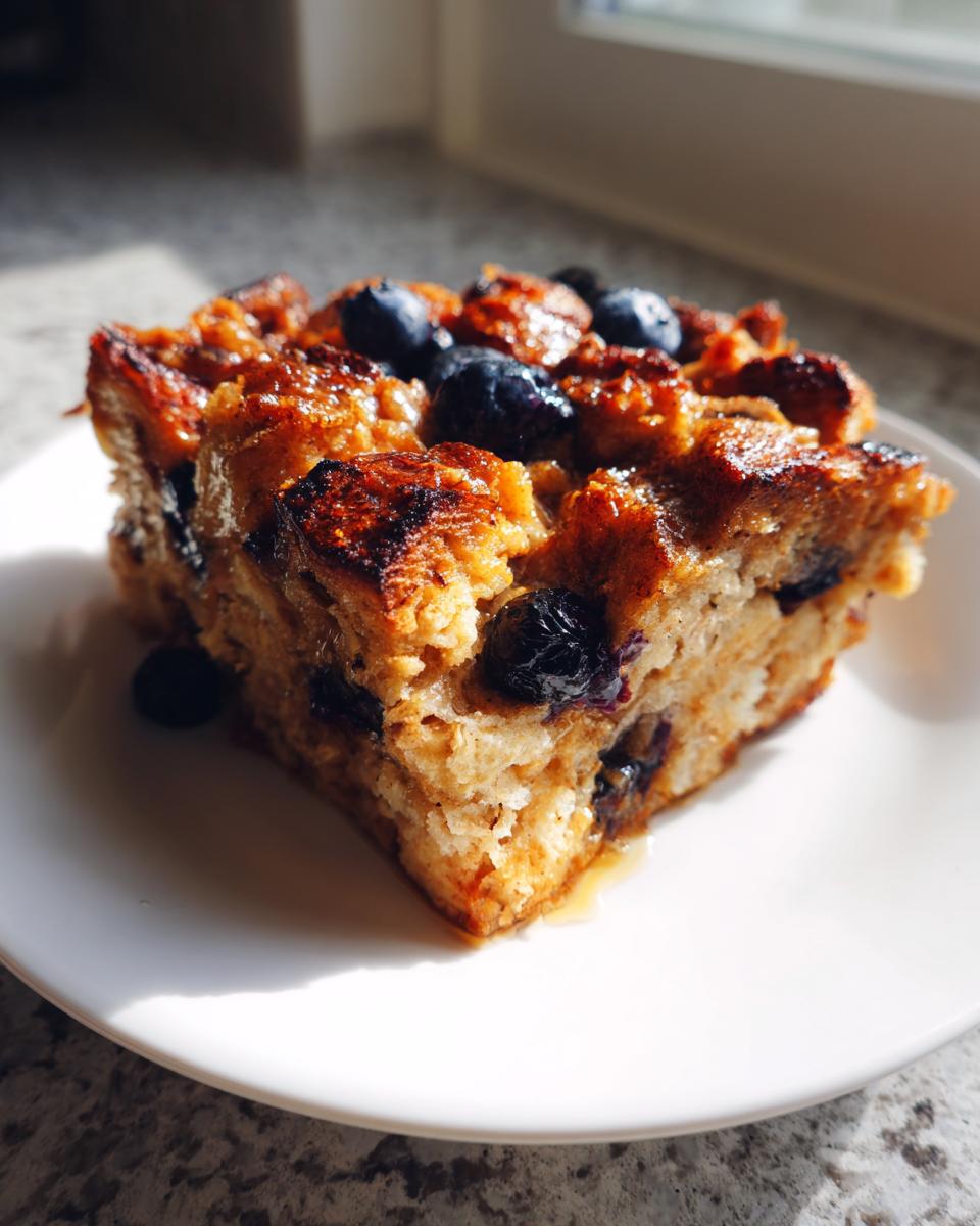 A close-up of a square serving of golden-brown Blueberry French Toast Casserole topped with fresh blueberries.