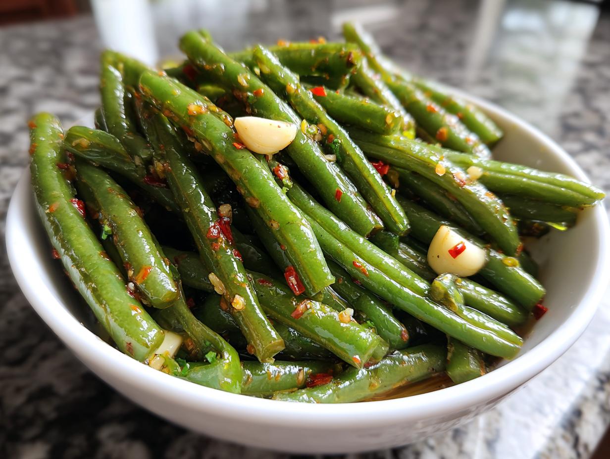 Close-up of bright green dilly beans seasoned with garlic cloves and red pepper flakes in a white bowl.