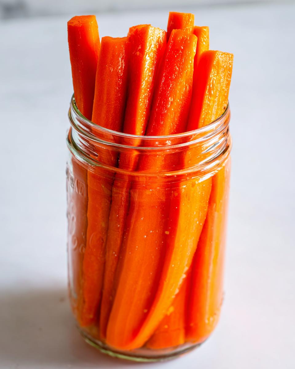 Close-up of bright orange, stick-cut pickled carrots tightly packed inside a clear glass mason jar.