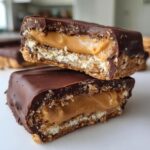 Two stacked bars of buckeye graham crackers showing a thick peanut butter filling, graham cracker crust, and chocolate coating.