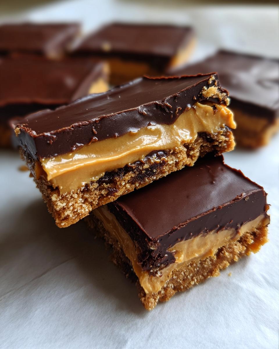 Two stacked bars of buckeye graham crackers showing a crumbly base, thick peanut butter layer, and chocolate topping.