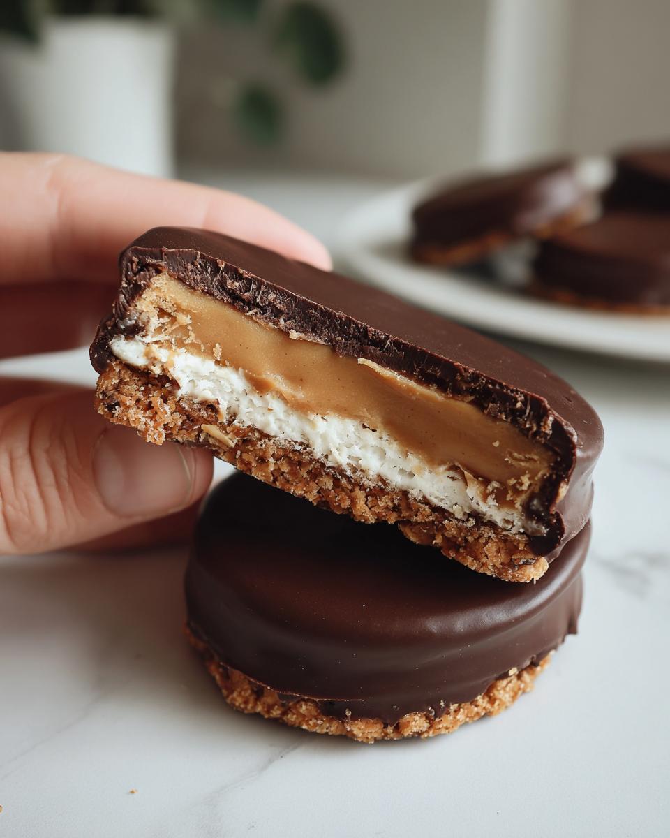A hand holding a halved Buckeye Graham Crackers treat, showing layers of graham cracker crust, white filling, peanut butter filling, and chocolate coating.