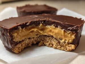 Close-up of a Buckeye Graham Crackers treat bitten in half, showing the chocolate shell, peanut butter filling, and graham cracker base.