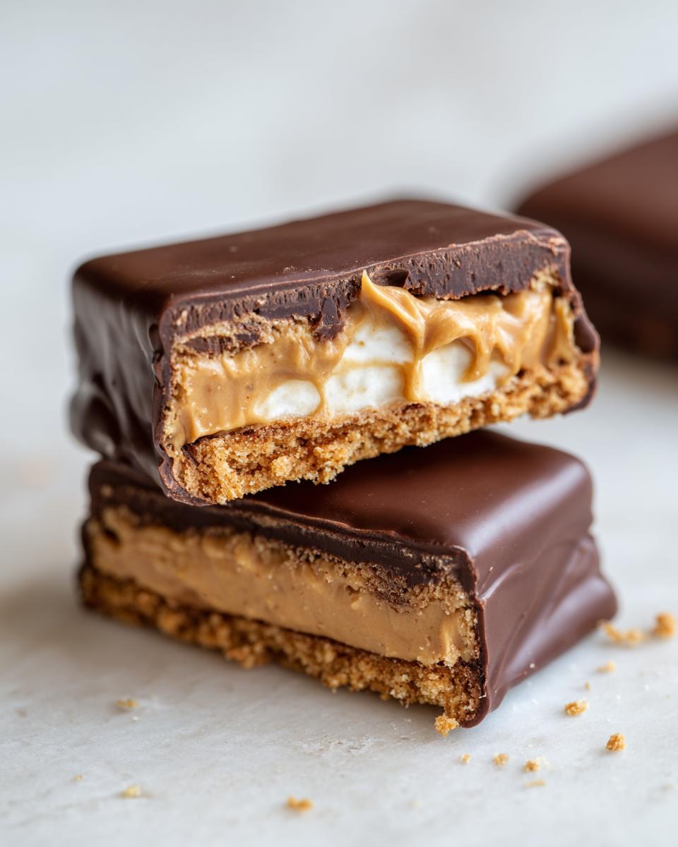 Close-up of two stacked buckeye graham crackers bars cut in half, showing layers of graham crust, peanut butter filling, and chocolate coating.