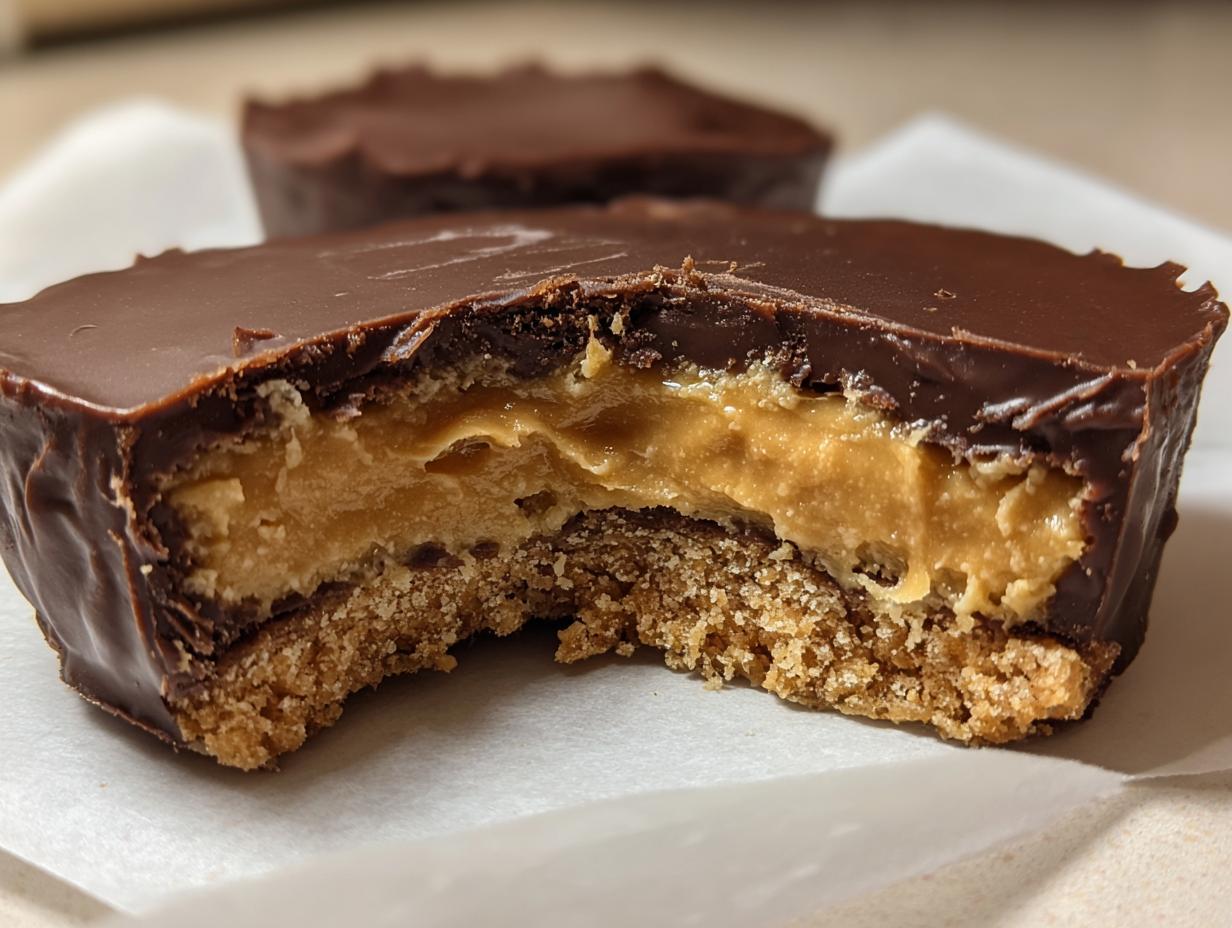 Close-up of a Buckeye Graham Crackers treat bitten in half, showing the chocolate shell, peanut butter filling, and graham cracker base.