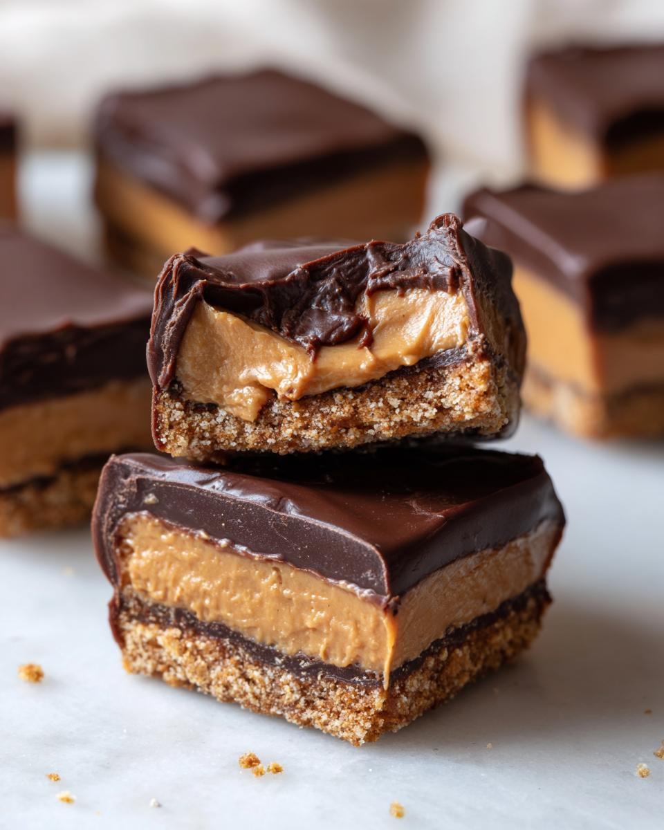 Two stacked squares of rich buckeye graham crackers showing the graham crust, peanut butter layer, and chocolate topping.