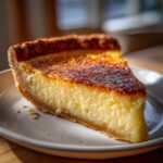 A close-up slice of buttermilk pie showing the creamy yellow filling and a deeply caramelized, browned top crust.