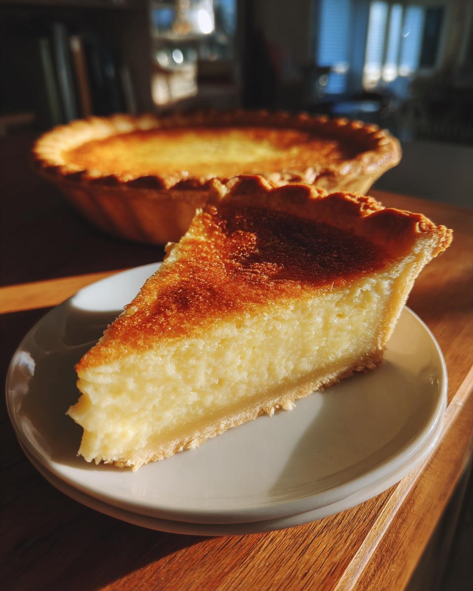 A close-up slice of creamy buttermilk pie with a golden-brown top resting on a small plate, with the rest of the buttermilk pie blurred behind it.
