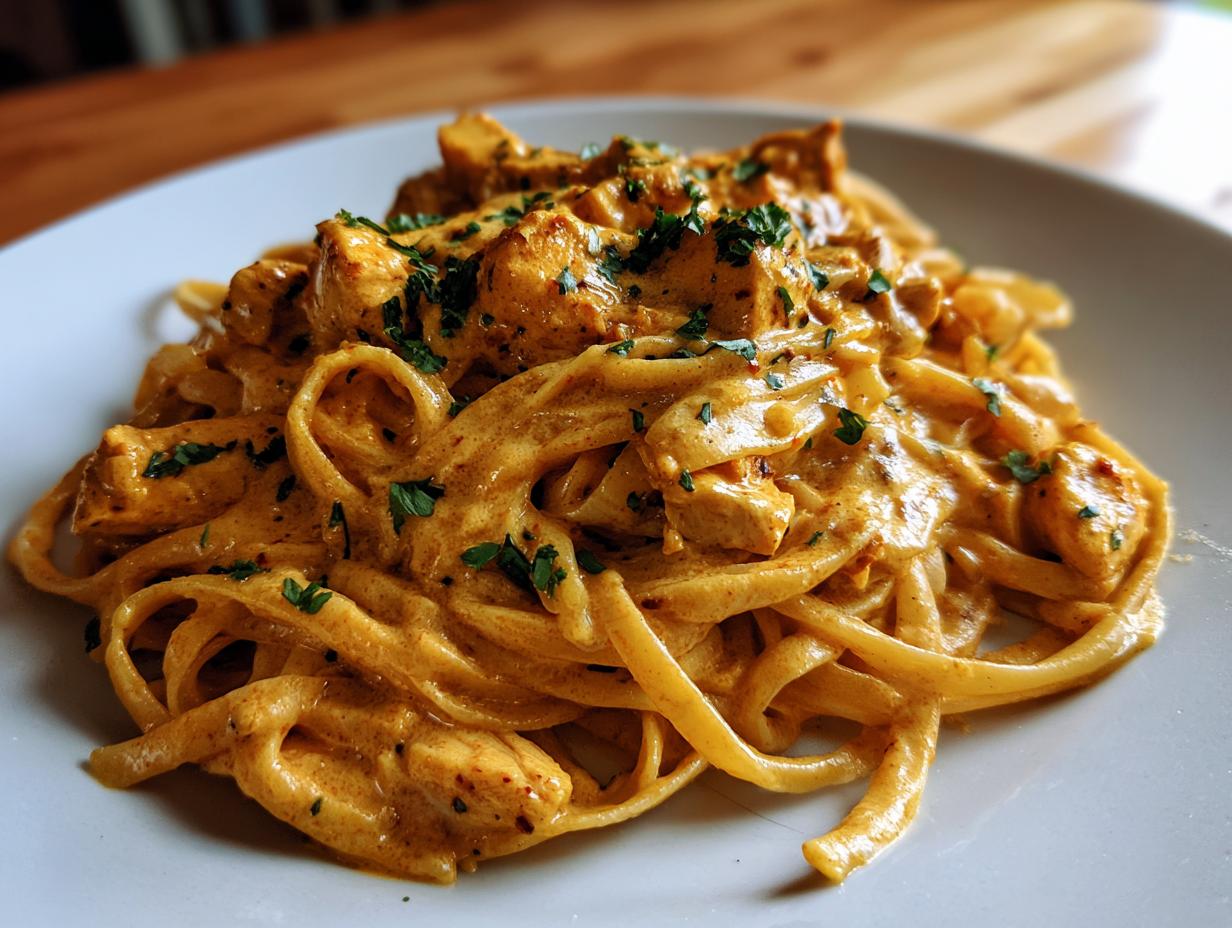 Close-up of creamy, orange-hued Cajun chicken pasta tossed with fettuccine and garnished with fresh parsley.